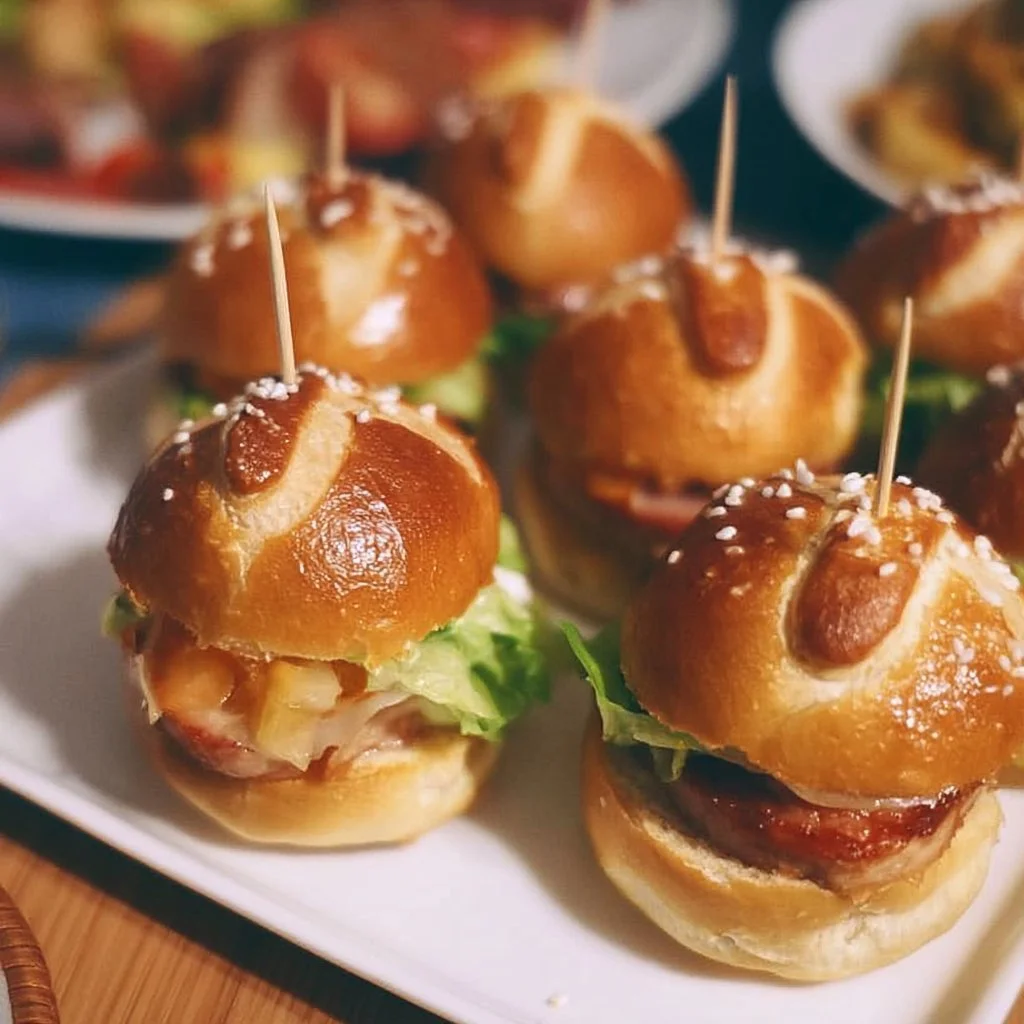 Mini-Laugen-Burger mit Leberkäse auf einem Holzbrett angerichtet.