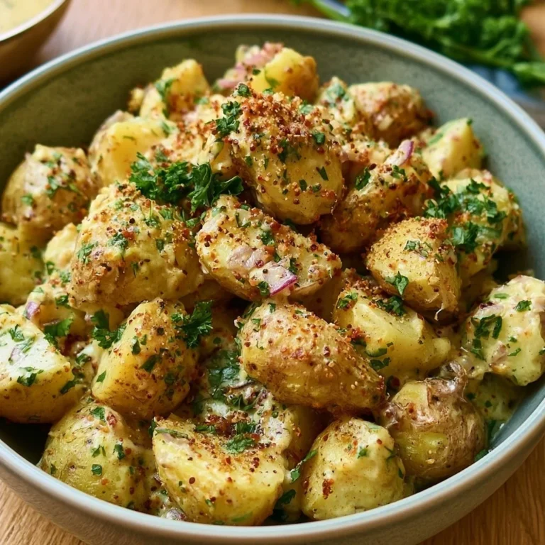 Ofenkartoffelsalat mit Senfdressing auf einem Teller serviert