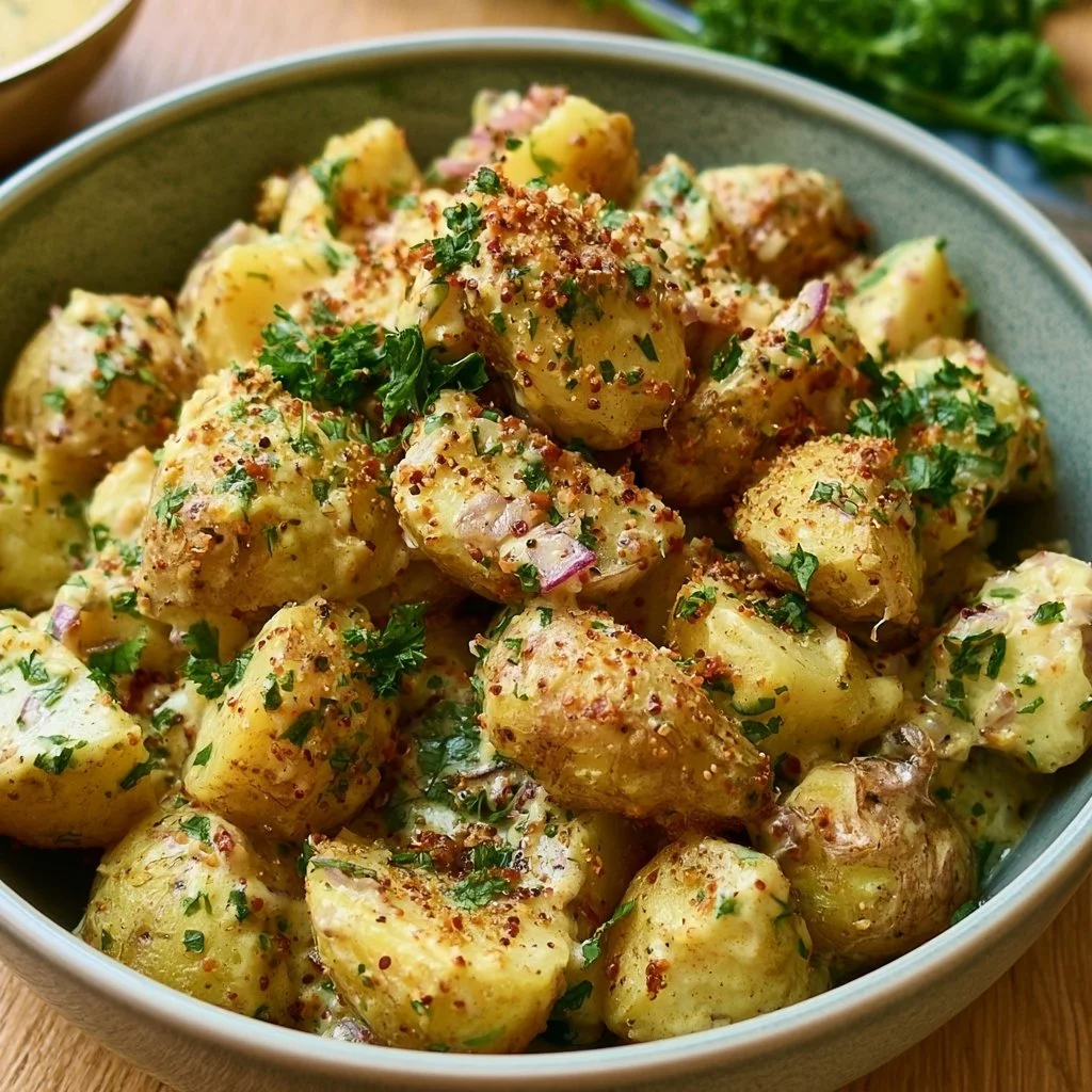 Ofenkartoffelsalat mit Senfdressing auf einem Teller serviert