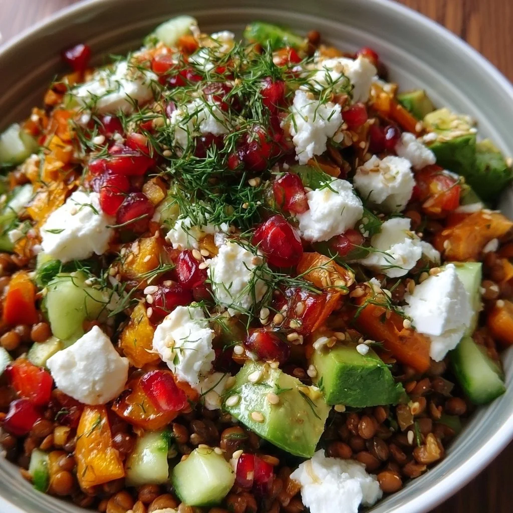 Orientalischer Linsensalat mit Feta, Avocado und Paprika auf einem Teller