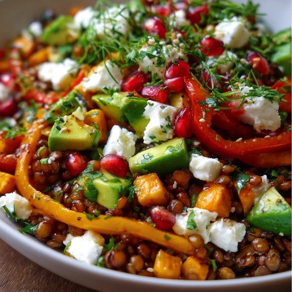 Oriental Lentil Salad with Feta, Avocado, and Bell Pepper