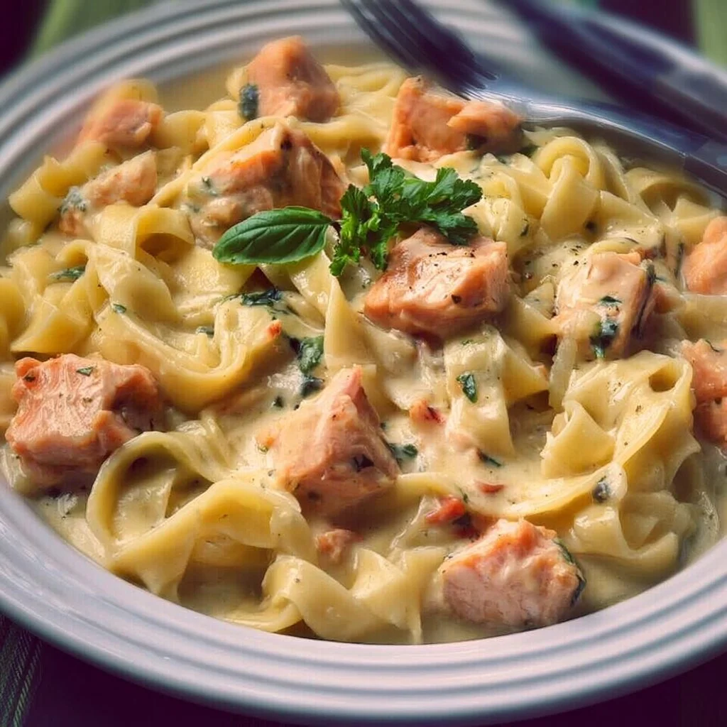 Pasta mit Lachs und cremiger Sauce auf einem Teller serviert
