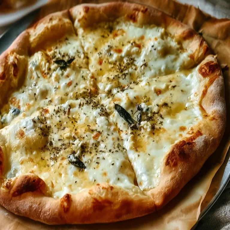 Pizza Bianca mit Ricotta und frischem Rosmarin auf einem Holzbrett serviert.