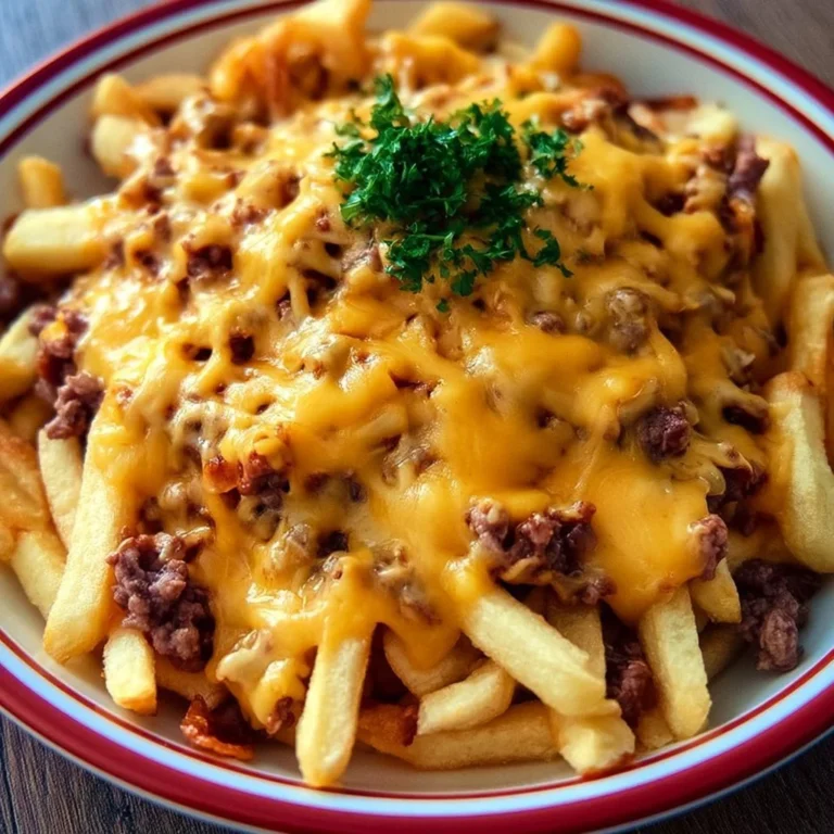 Pommes Frites mit Hackfleisch und Cheddar auf einem Teller