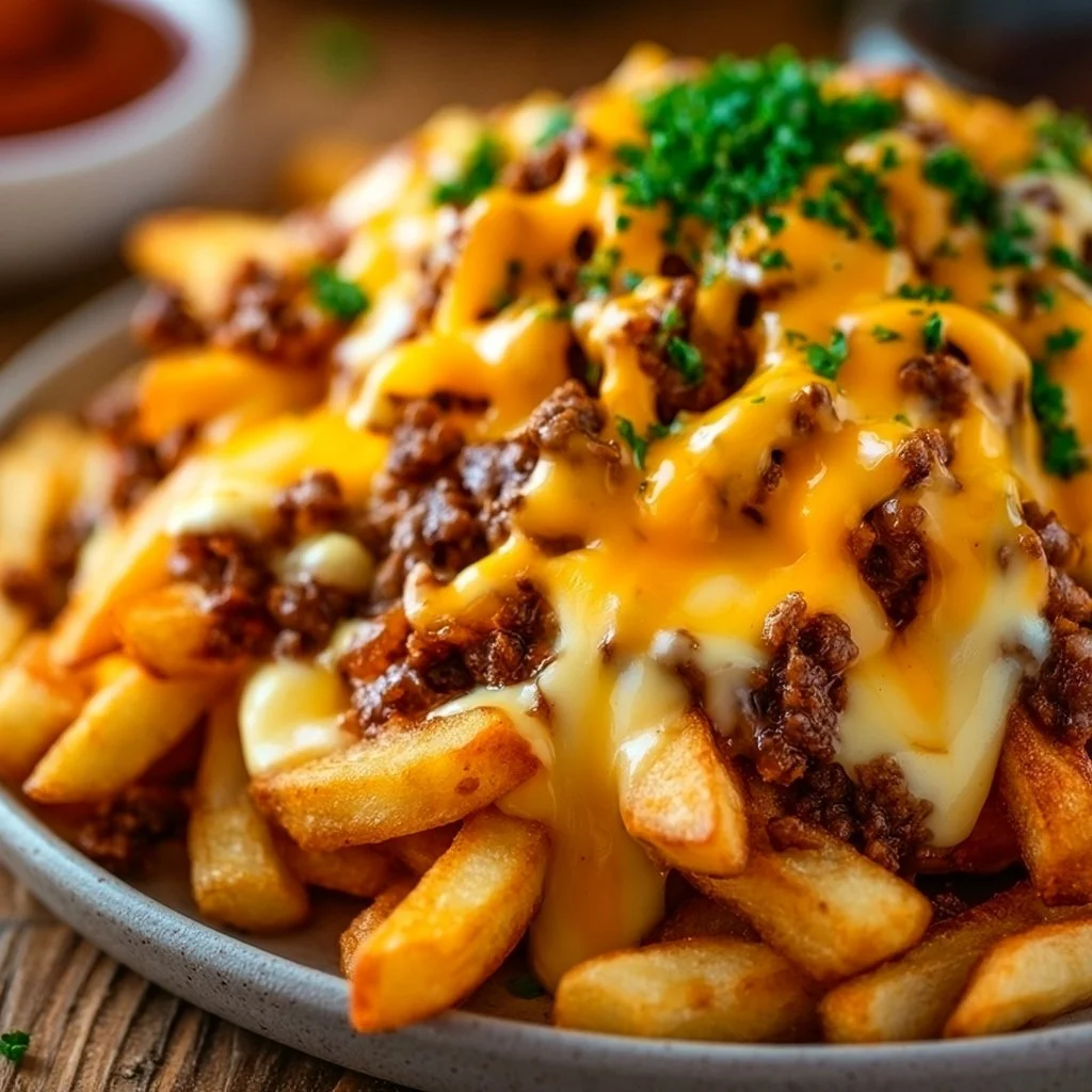 Pommes Frites mit Hackfleisch und Cheddar