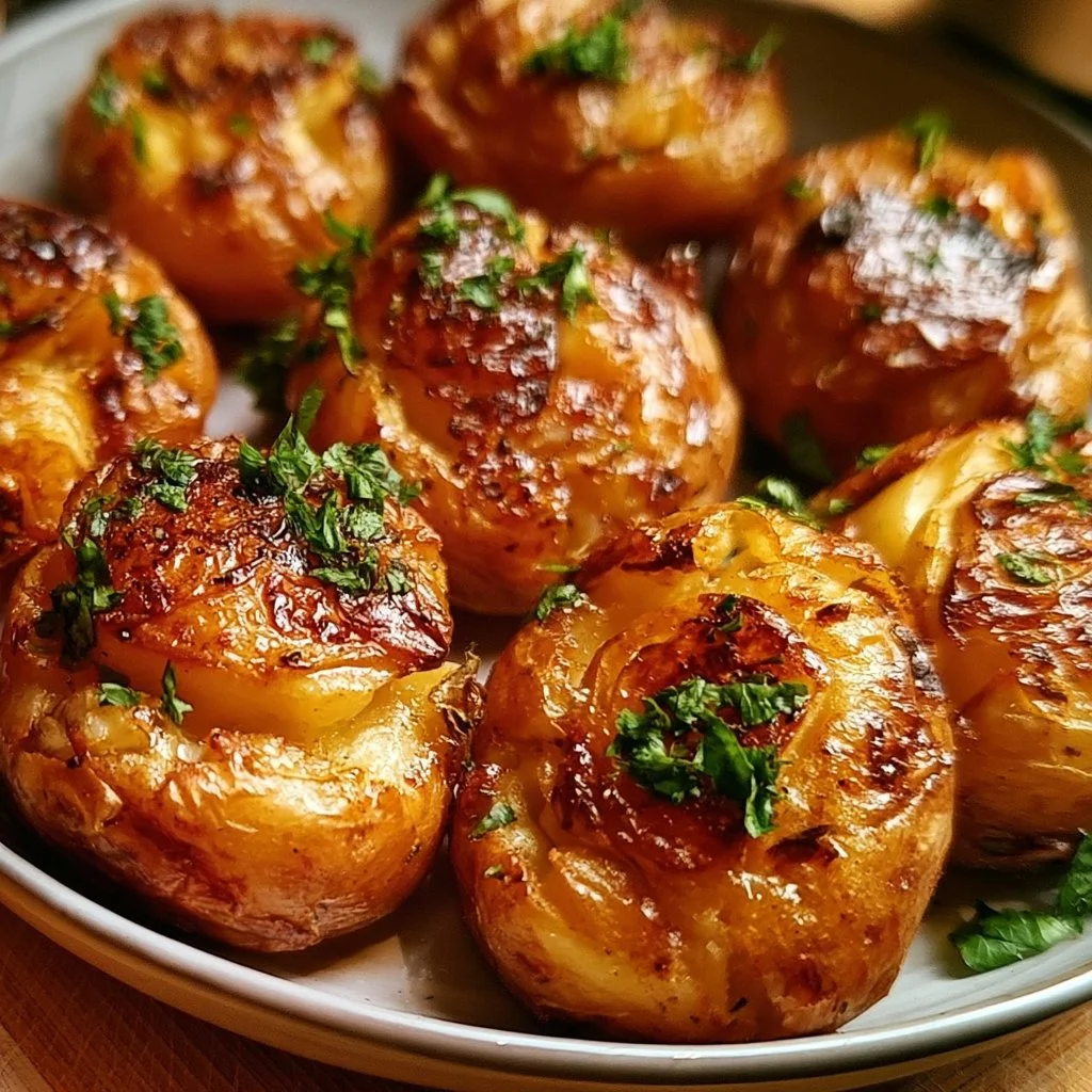 Leckere Quetschkartoffeln serviert mit Kräutern und Gewürzen
