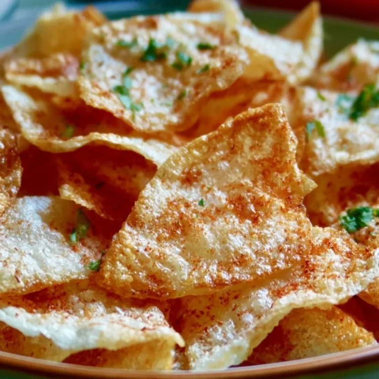 Reispapier Chips aus dem Airfryer auf einem Teller serviert.