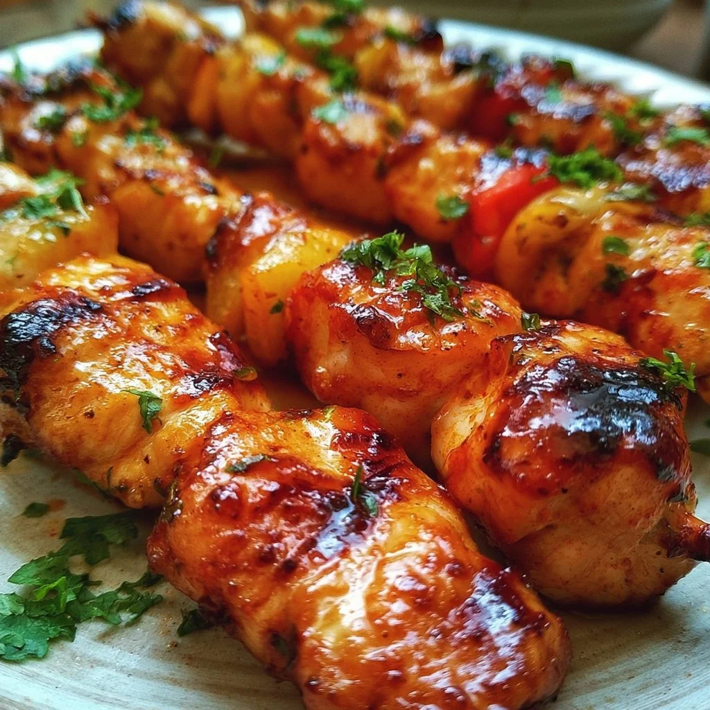Saftige Hähnchenspieße auf einem Grill, lecker zubereitet und serviert.