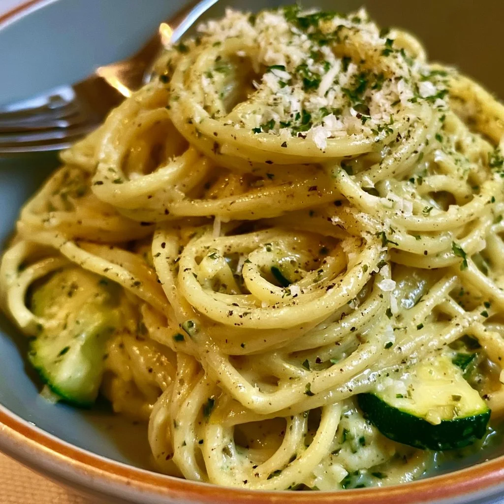 Cremige Zucchini-Pasta mit frischen Zutaten auf einem Teller.