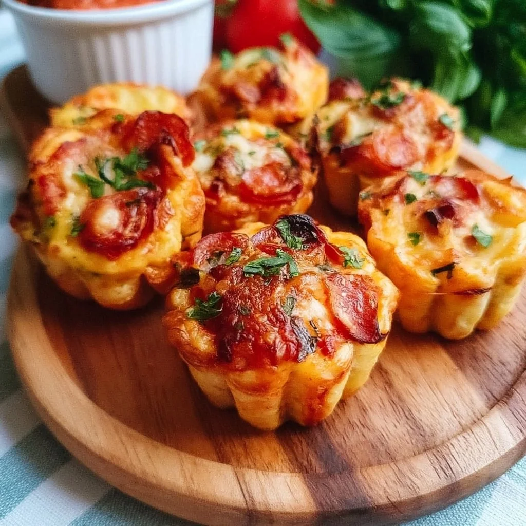 Schnelle und leckere Pizza-Muffins auf einem Holzbrett serviert.