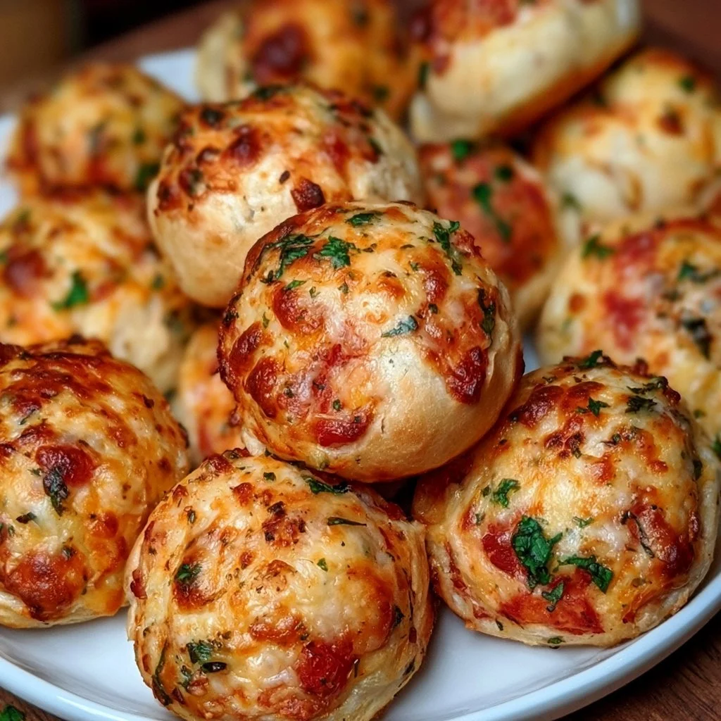 Schnelle Pizzabällchen auf einem Teller serviert, ideal für Snacks.
