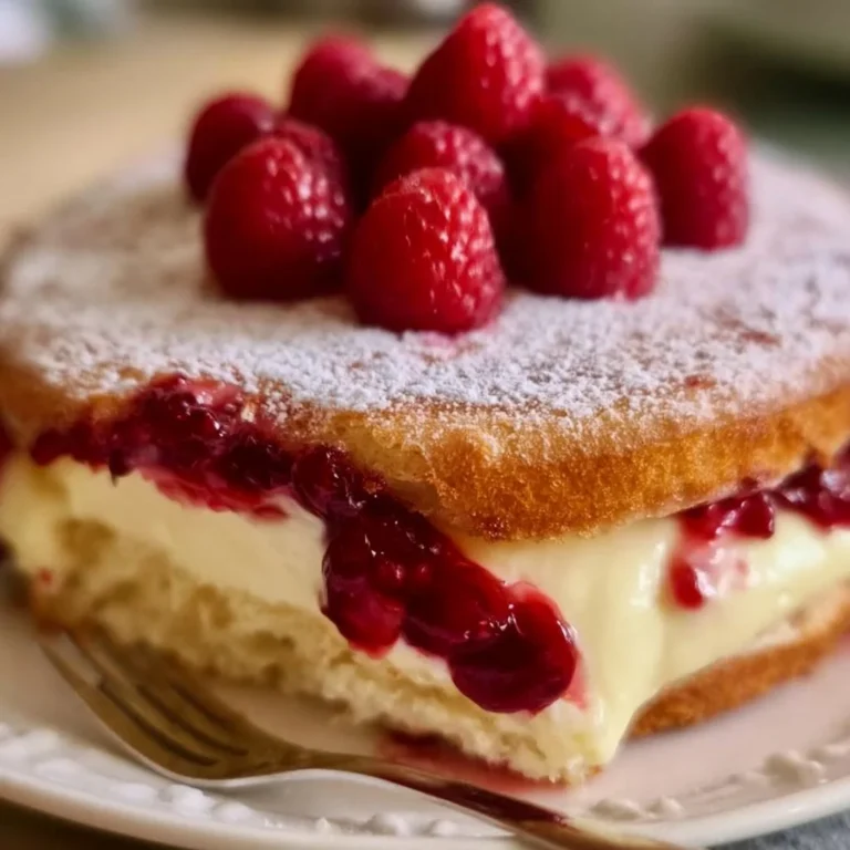Himbeer Schmand Kuchen auf einem Teller, dekoriert mit frischen Himbeeren
