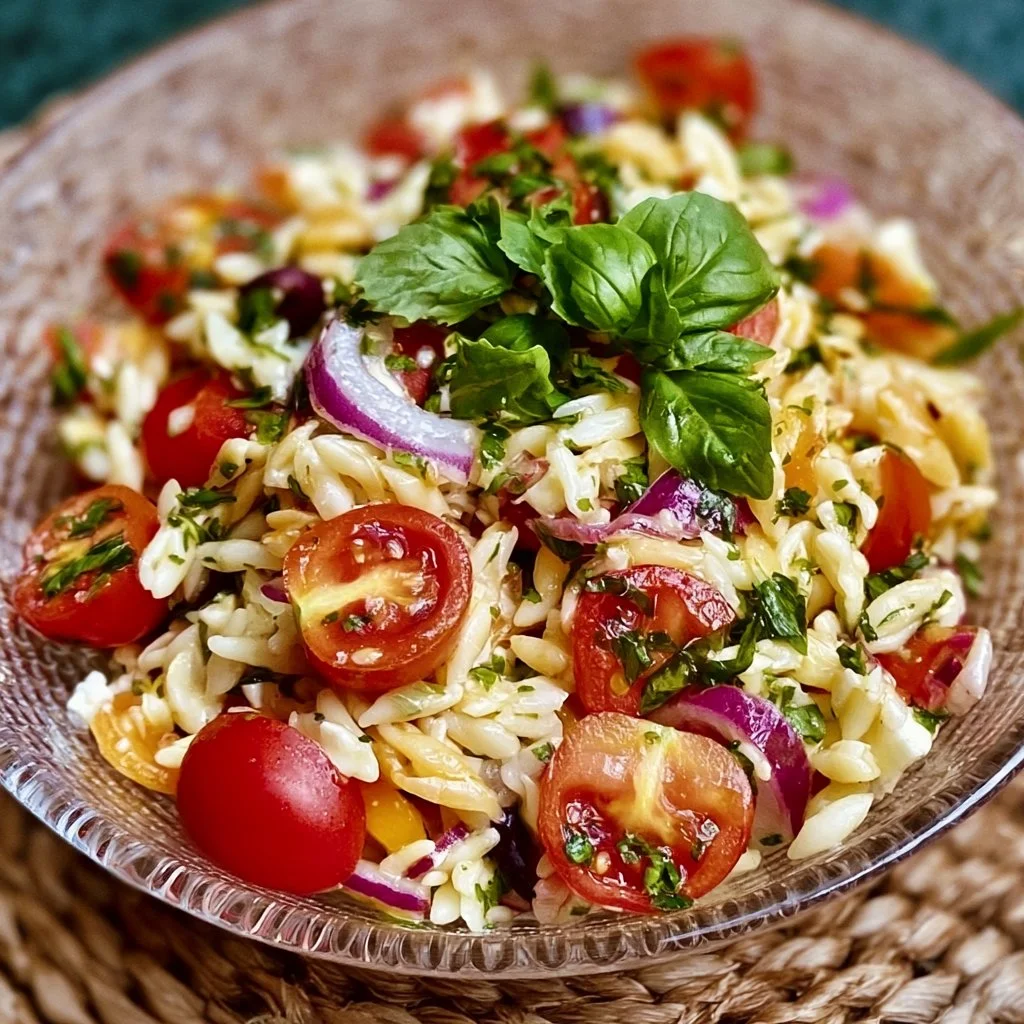 Schneller Kritharaki Salat in einer bunten Schüssel, serviert auf einem Tisch.
