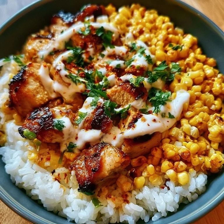 Straßenmais Hähnchen Reis Schüssel mit frischen Zutaten und leckerer Sauce
