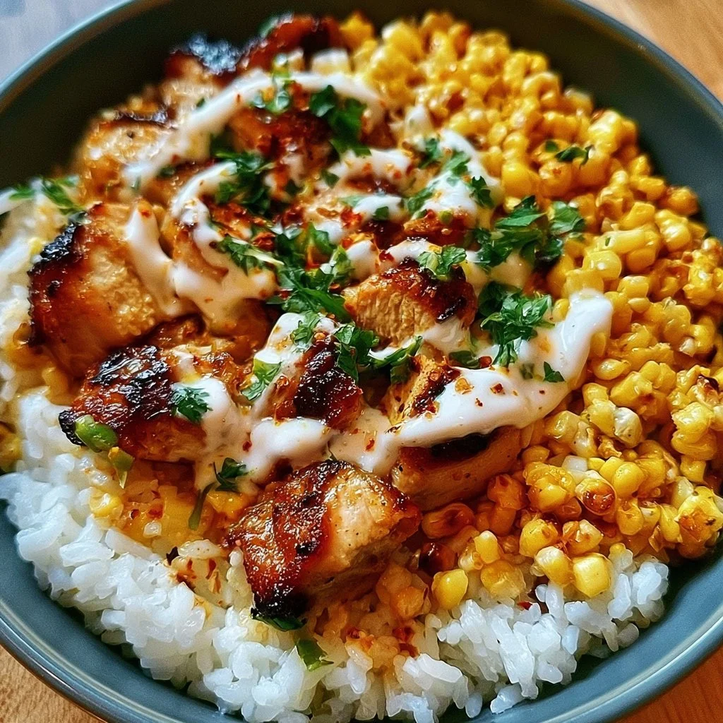 Straßenmais Hähnchen Reis Schüssel mit frischen Zutaten und leckerer Sauce