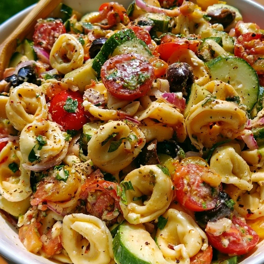 Bunter Tortellini-Salat mit frischem Gemüse und Dressing
