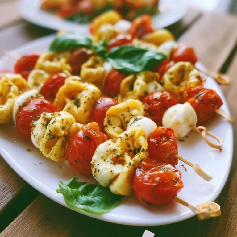 Tortellini-Spieße mit Tomaten und Mozzarella auf einem Grillspieß angerichtet