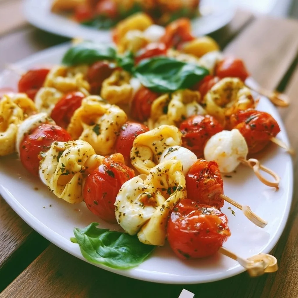 Tortellini-Spieße mit Tomaten und Mozzarella auf einem Grillspieß angerichtet