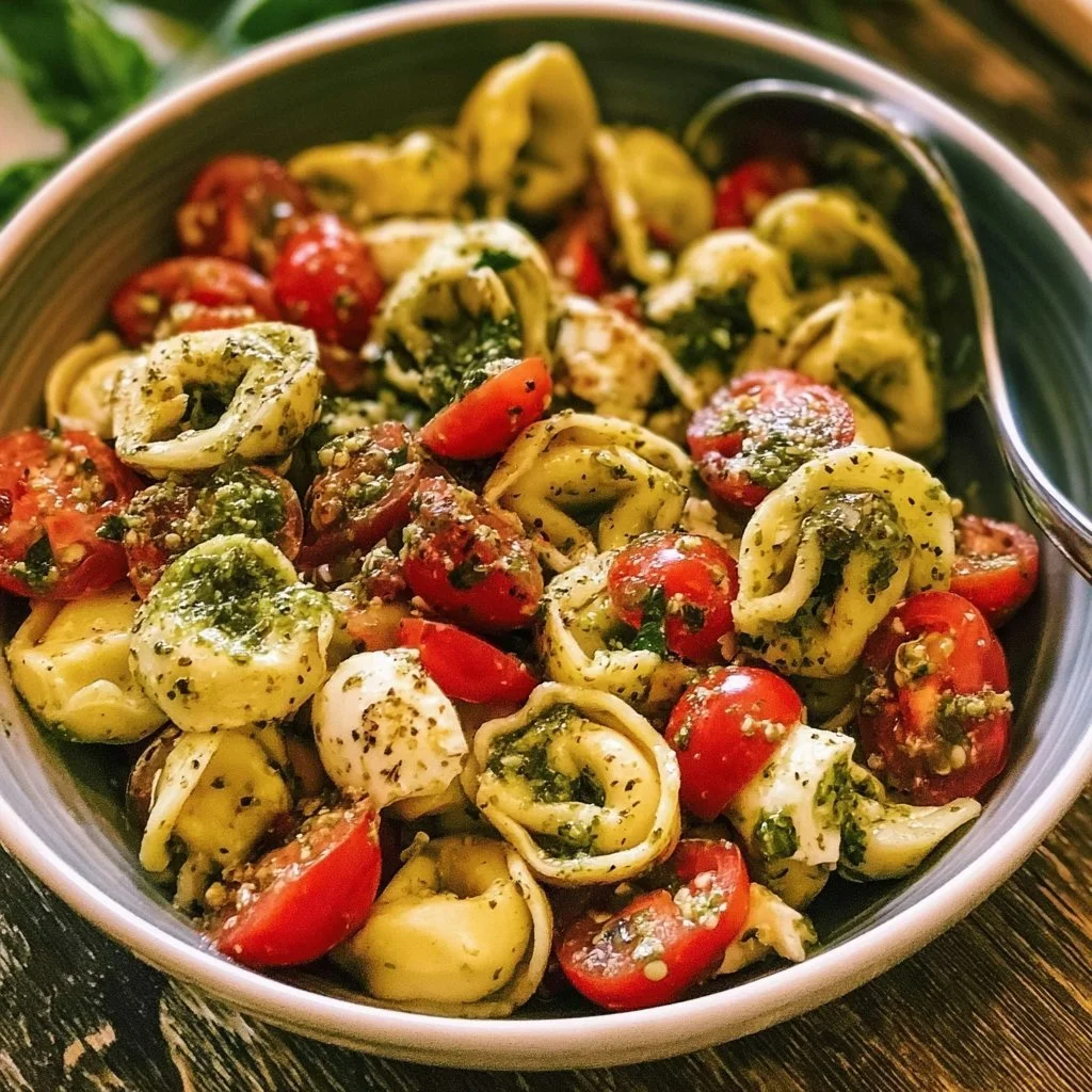 Leckere Tortellinisalat mit frischem Pesto serviert in einer Schüssel