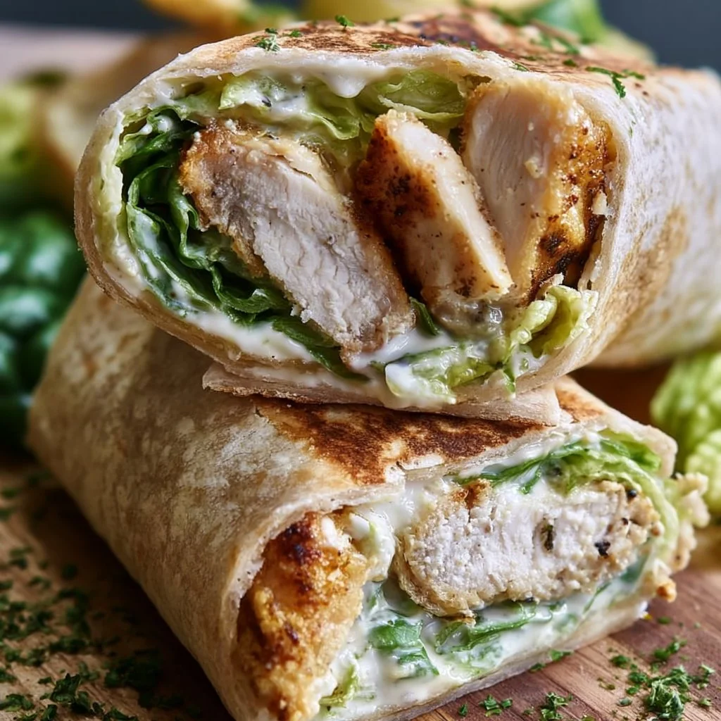 Knusprige und cremige Chicken Caesar Wraps, perfekt zubereitet.