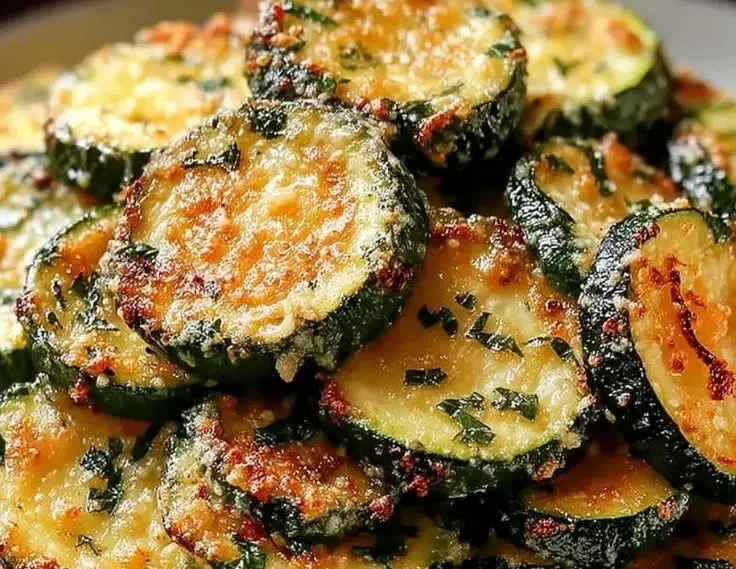 Knoblauch-Parmesan-Röst-Zucchini serviert auf einem Teller, knusprig und appetitlich.
