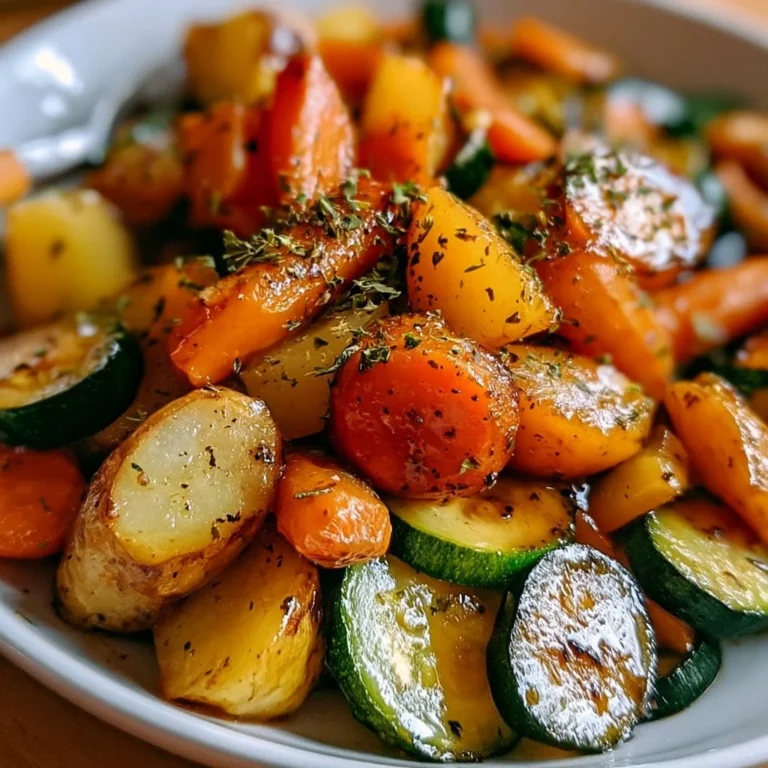 Bunte Gemüsepfanne mit Kartoffeln, Karotten und Zucchini auf einem Teller