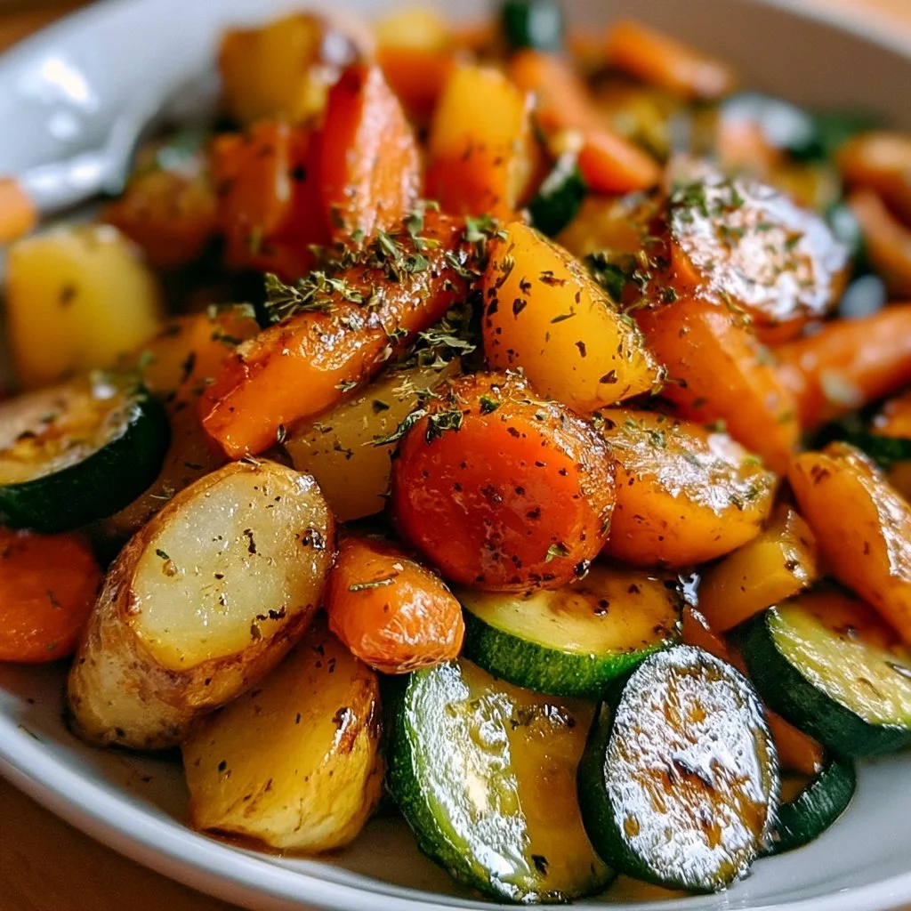 Bunte Gemüsepfanne mit Kartoffeln, Karotten und Zucchini auf einem Teller