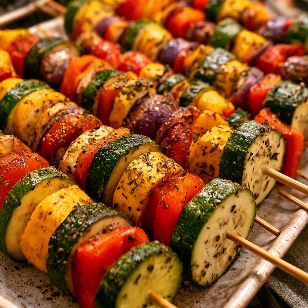 Bunte vegetarische Grillspieße auf dem Grill.