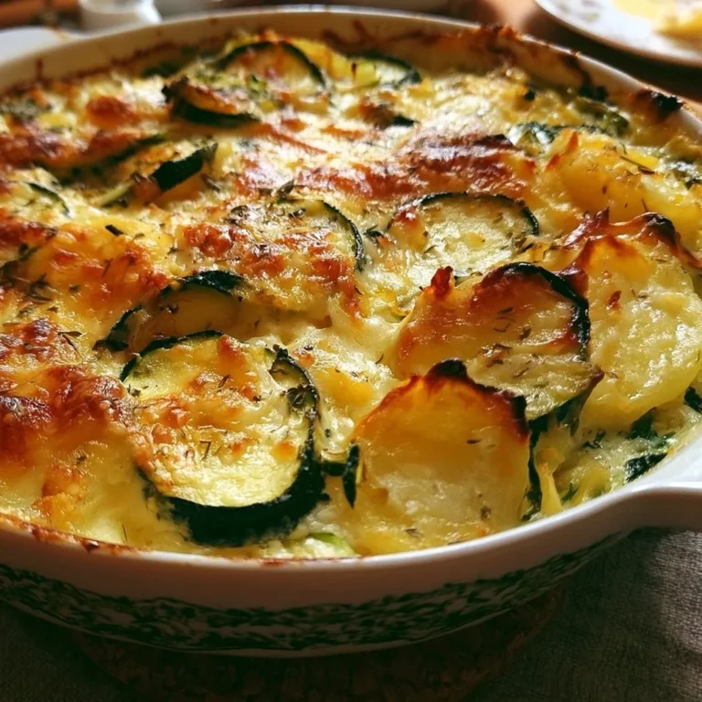 Leckerer Kartoffel-Zucchini-Auflauf serviert in einer Auflaufform