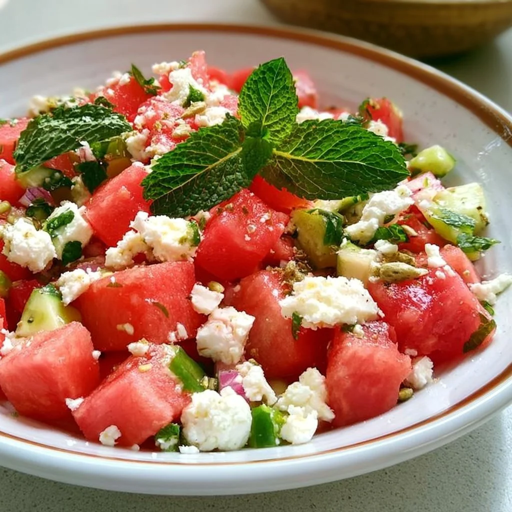 Wassermelonen-Feta-Salat mit Minze in einer bunten Schüssel serviert