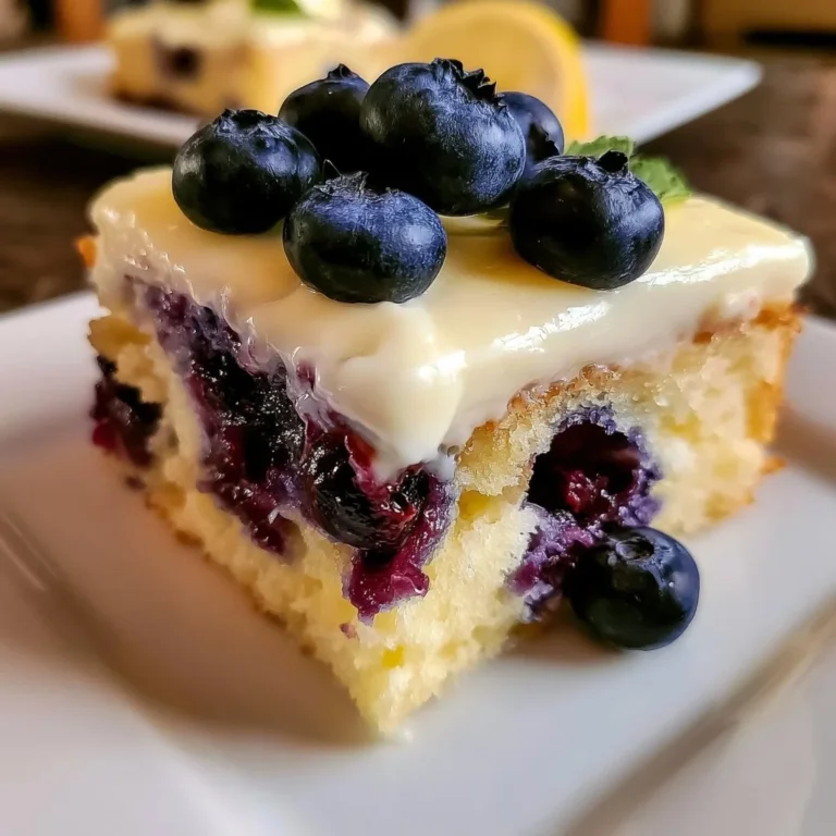 Zitronen-Blaubeer-Kuchen mit cremigem Cheesecake-Topping auf einem Teller