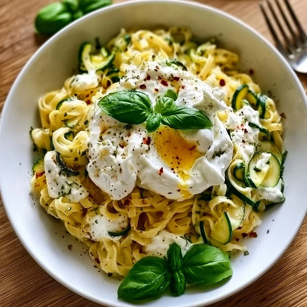 Zitronen Zucchini Pasta mit cremiger Burrata auf einem Teller serviert