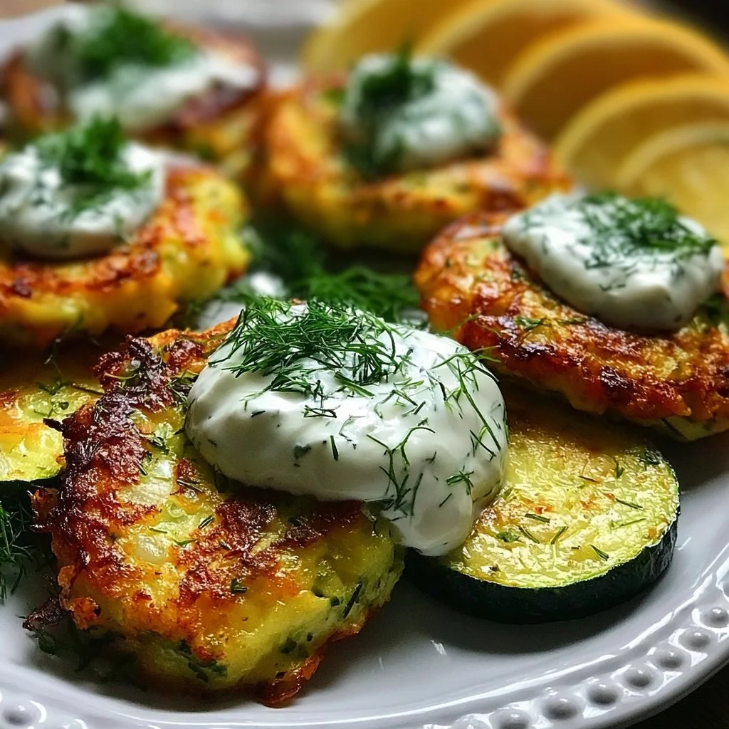 Zucchini Krapfen mit Knoblauch-Dill-Joghurt-Sauce auf einem Teller