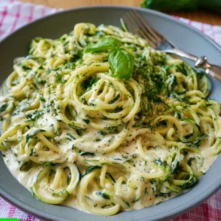 Zucchini-Spaghetti in cremiger Sauce serviert auf einem Teller