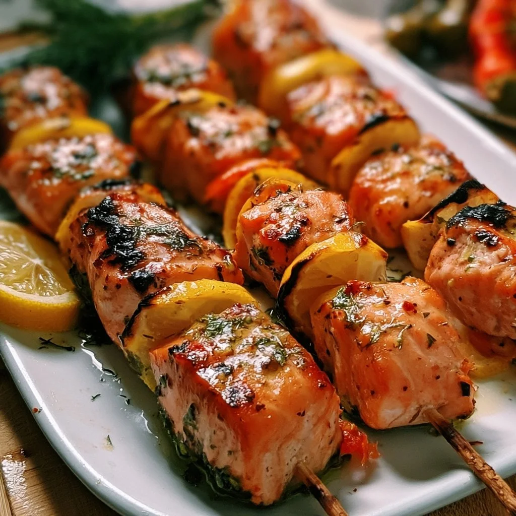 Aromatische Lachsspieße mit Zitrone auf dem Grill zubereitet