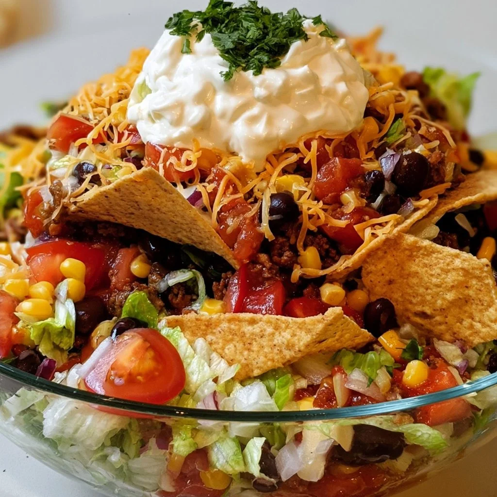 Leckeres Taco-Salat mit Sour Cream und Hackfleisch auf einem Teller