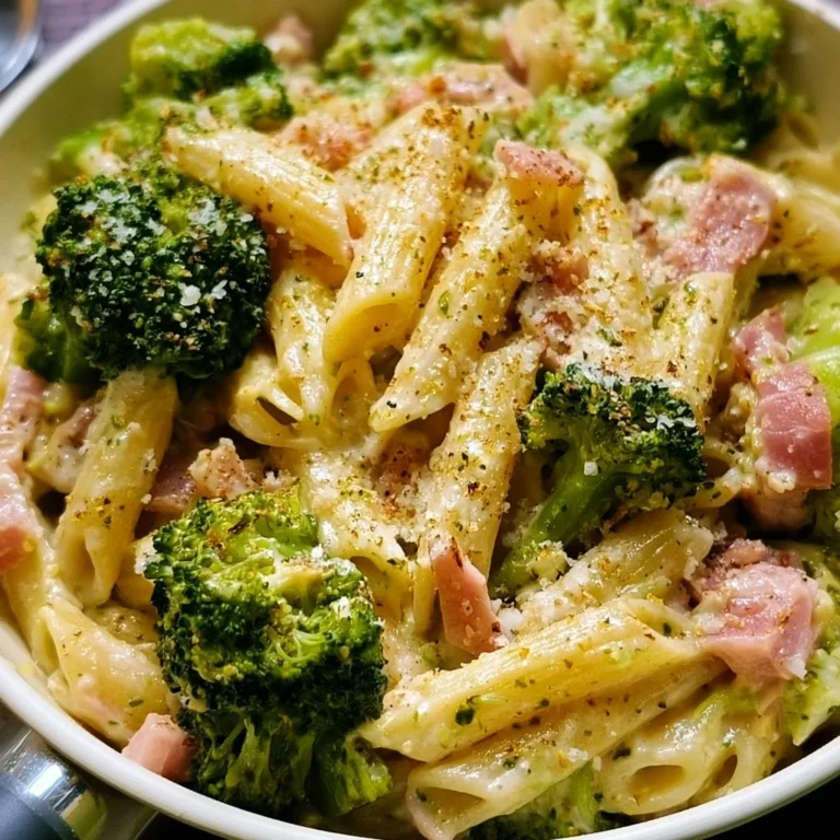 Delikate Brokkoli Schinken Pasta in einer Schüssel mit frischen Kräutern