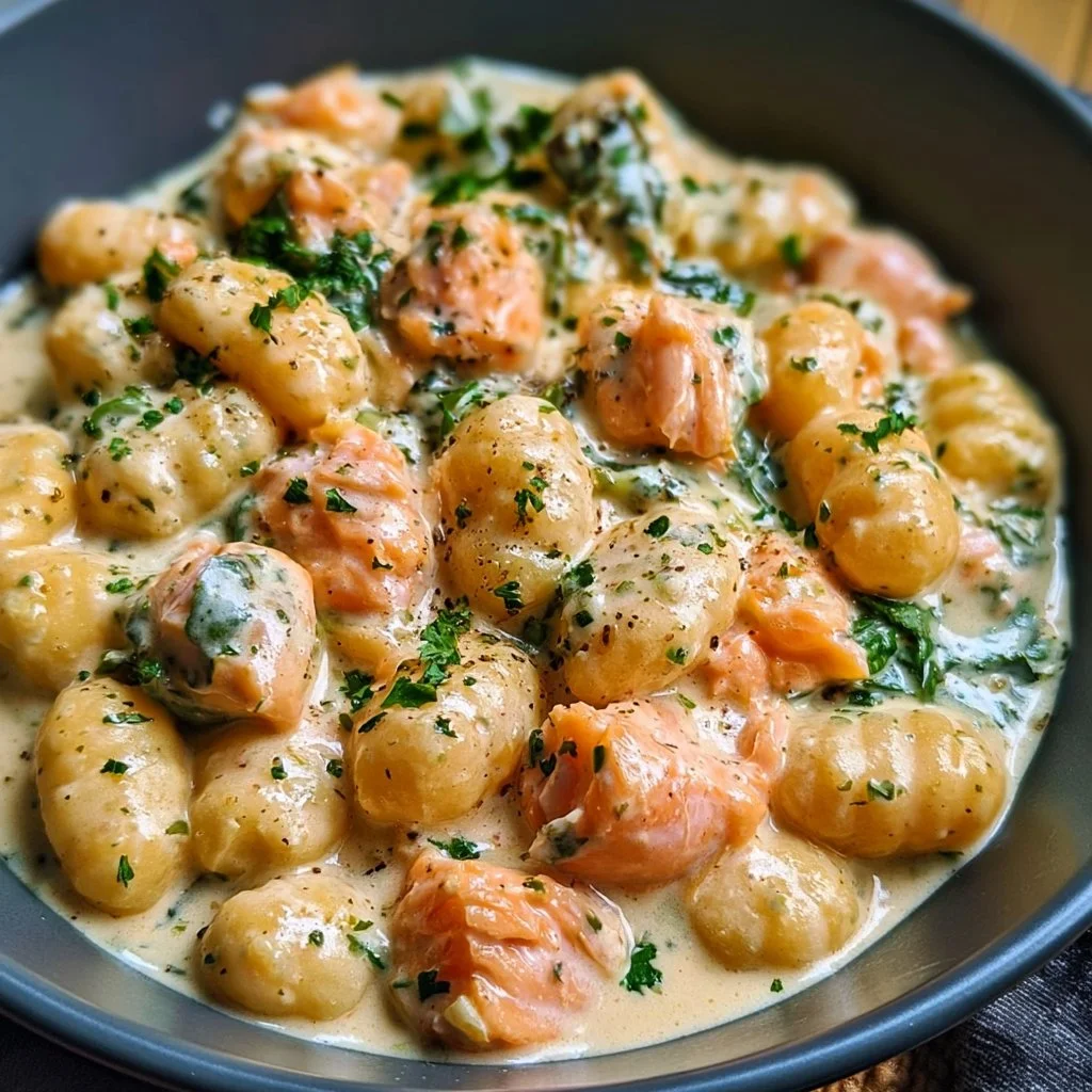 Cremige Lachs Gnocchi auf einem Teller mit frischen Kräutern garniert.