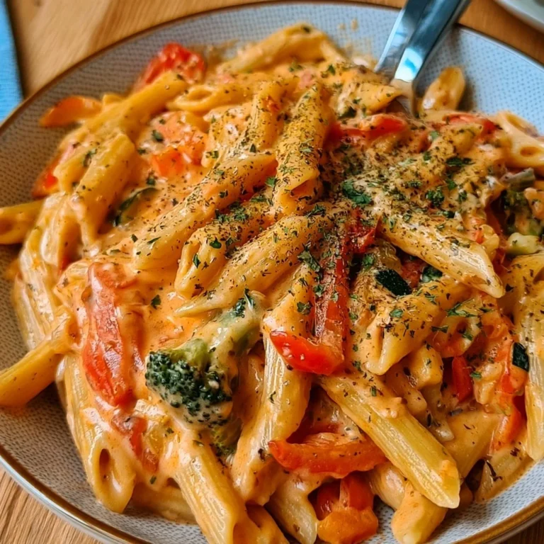 Cremige Pasta in Gemüsesauce serviert mit frischem Gemüse