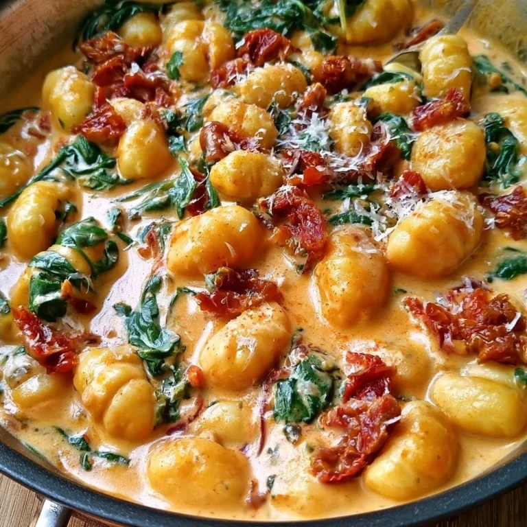 Cremige toskanische Gnocchi mit Spinat und getrockneten Tomaten auf einem Teller