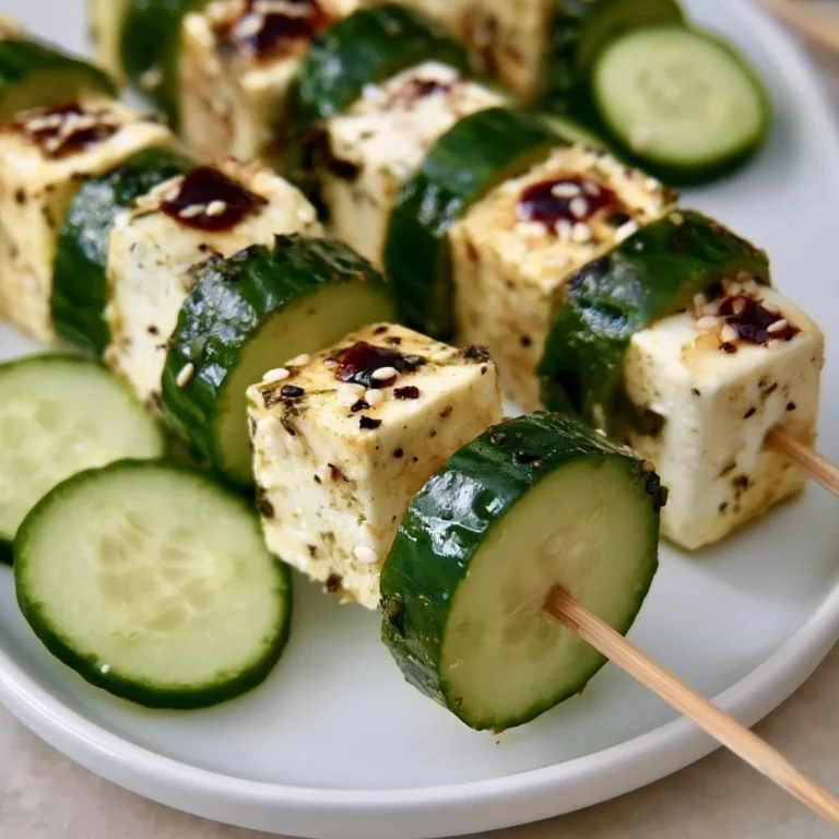 Feta Spieße mit Gurke auf einem Holzbrett serviert