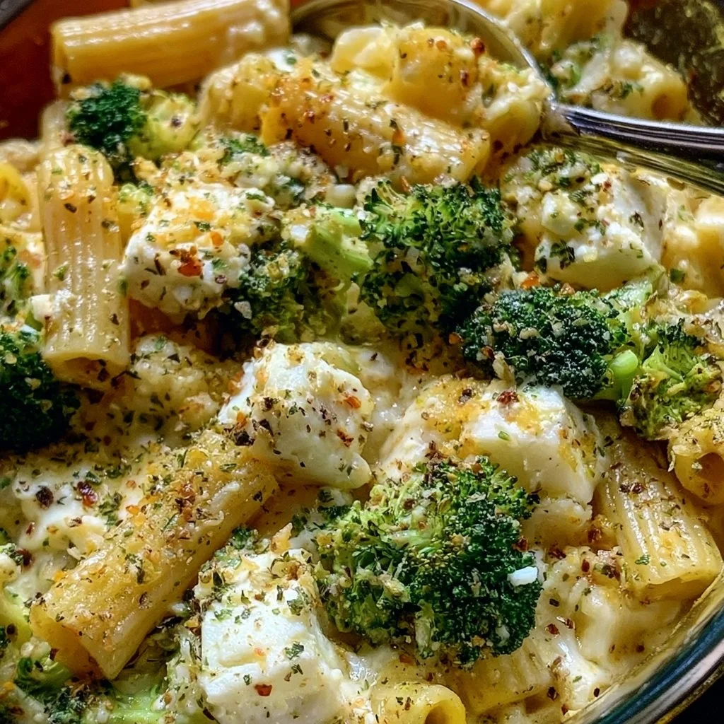 Gebackene Pasta mit Feta und Brokkoli auf einem Teller serviert