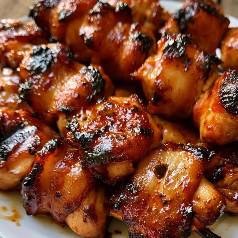 Gegrillte Honig-BBQ-Bacon-Hühnchen-Spieße auf einem Grill serviert.