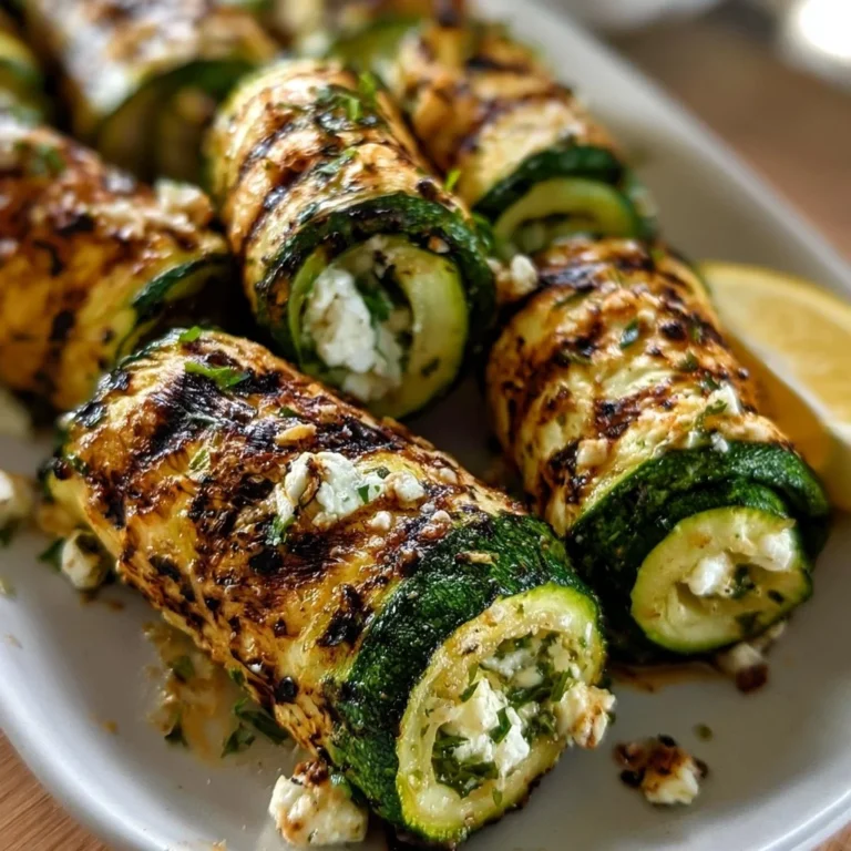 Gegrillte Zucchini-Röllchen gefüllt mit Feta und Kräutern auf einem Teller.