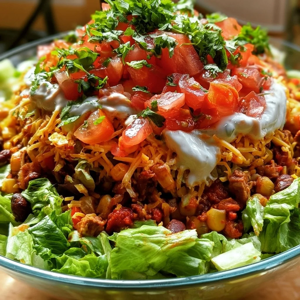 Geschichteter veganer Taco-Salat mit frischen Zutaten und bunten Schichten