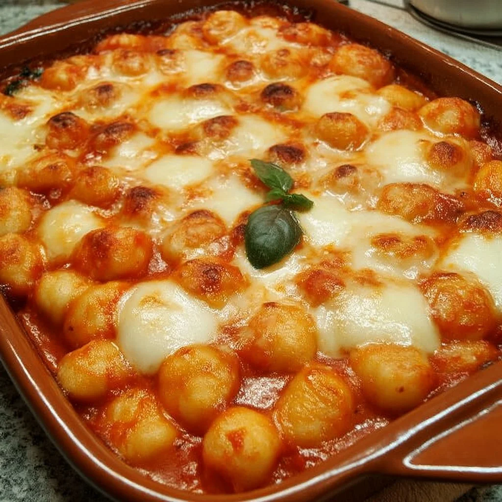 Gnocchi Auflauf mit Tomatensauce und geschmolzenem Mozzarella überbacken