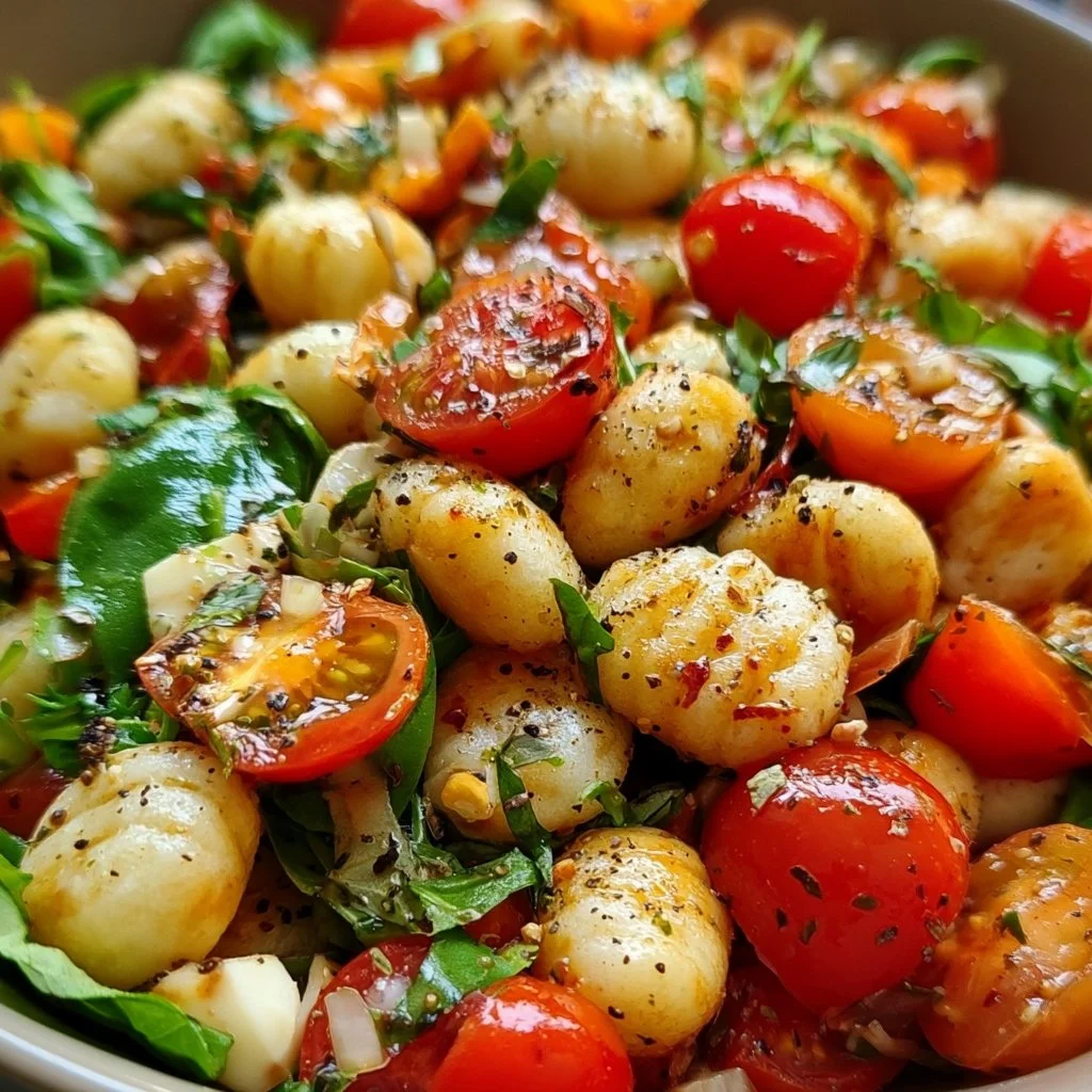 Leckerer Gnocchi-Salat mit frischem Gemüse und Dressing