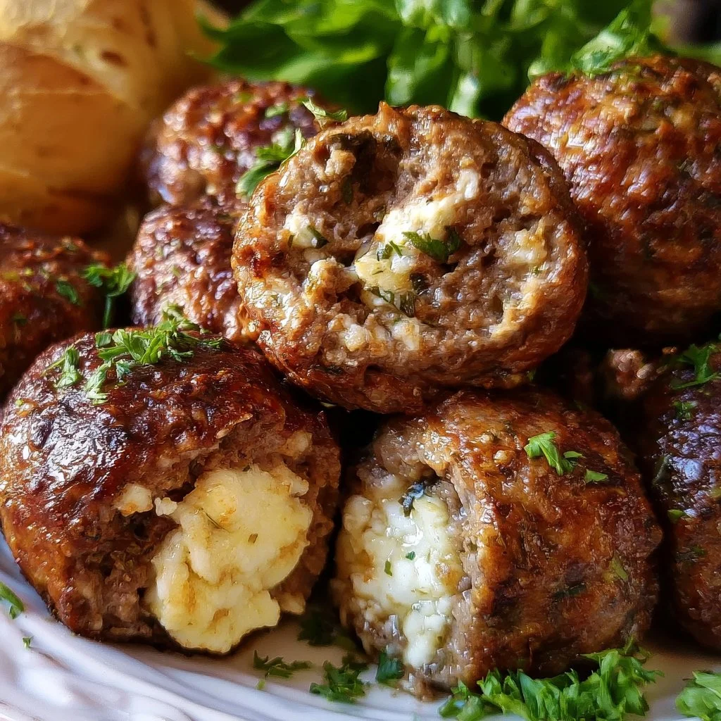 Griechische Frikadellen gefüllt mit Schafskäse auf einem Teller