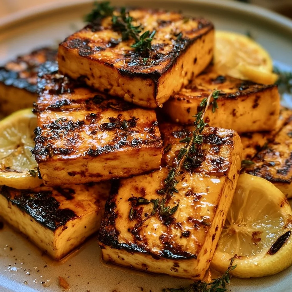 Griechischer gegrillter Tofu mit Zitrone und Thymian auf einem Teller.