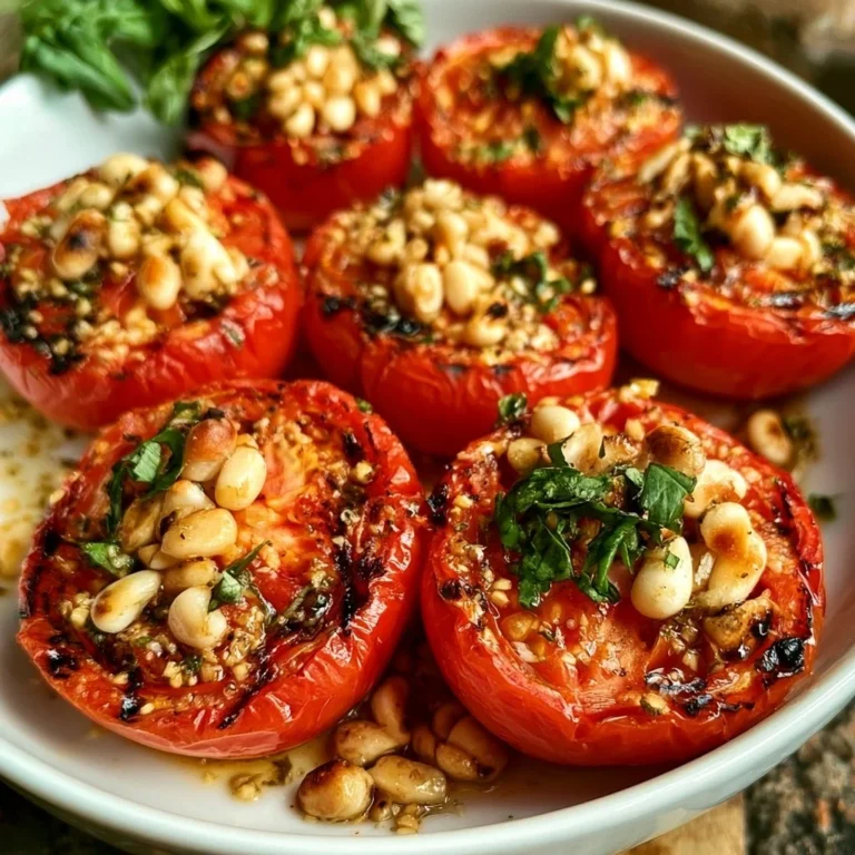 Grilltomaten mit Pinienkernen auf dem Grill, aromatisch und schmackhaft zubereitet.